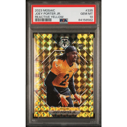 PSA Graded Joey Porter Jr 2023 Mosaic Reactive Yellow football card on display