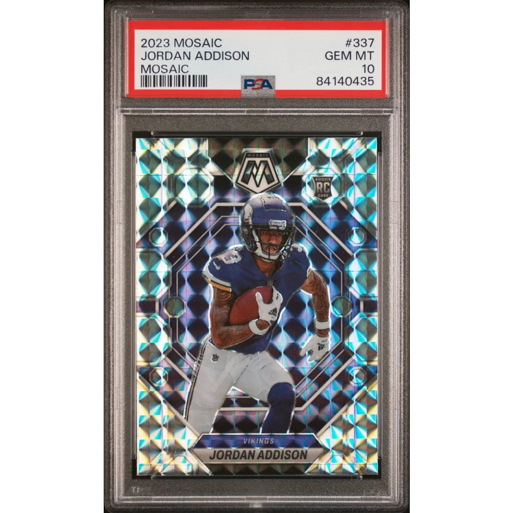 A graded 2023 Panini Mosaic Jordan Addison football rookie card in PSA Treasure box