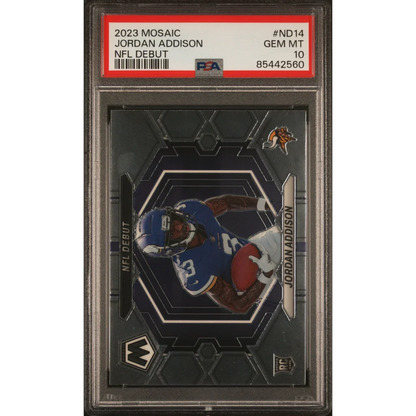 Graded 2023 Panini Mosaic Jordan Addison #ND14 NFL Debut Rookie RC Football Card PSA 10 Gem Mint | Hall of Fame Sports Memorabilia | vintageantiquesgifts.com