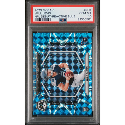 A graded 2023 Mosaic Will Levis NFL Debut Reactive Blue football card in a PSA case