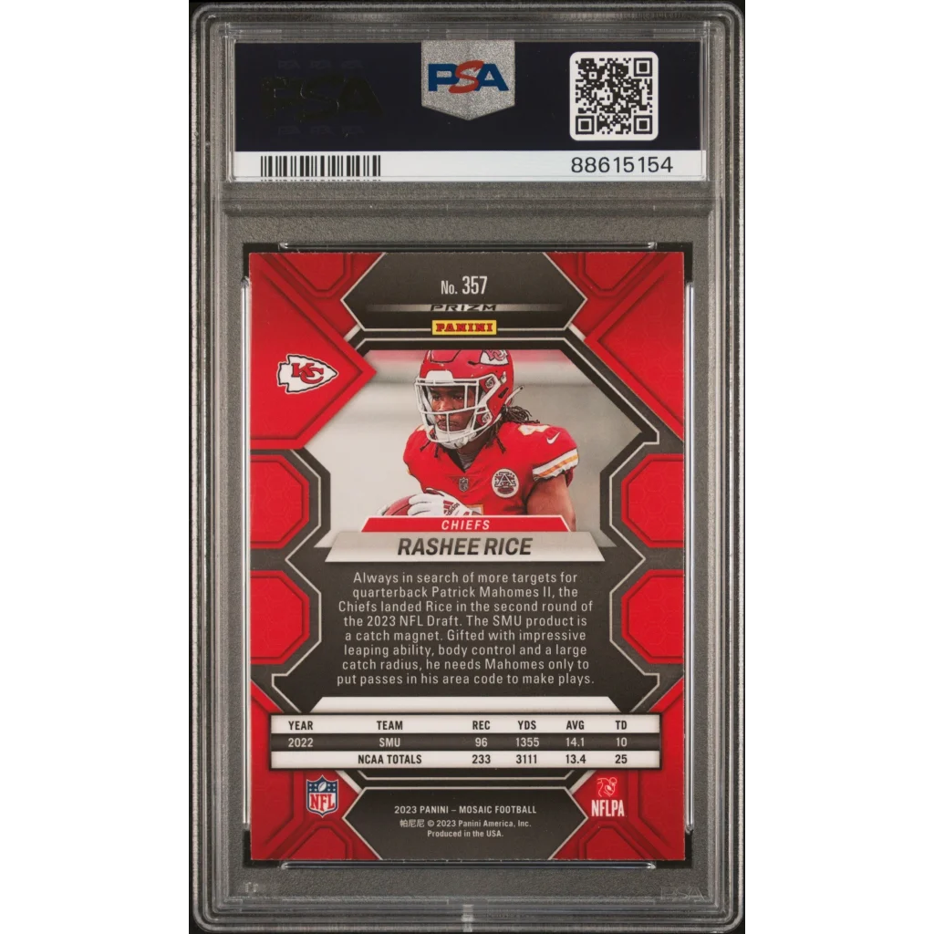 PSA graded Rashee Rice 2023 Panini Mosaic football card in Camo Red Rookie Card