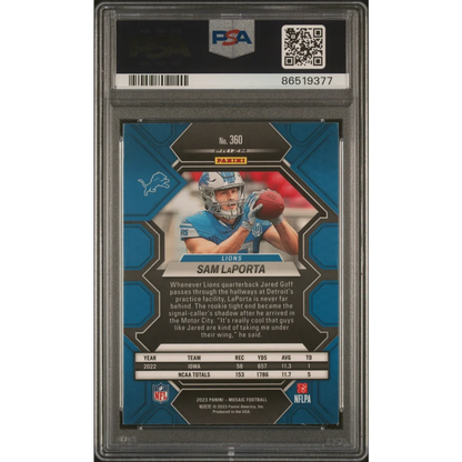 PSA Graded 2023 Mosaic Sam LaPorta Rookie Football Card on display