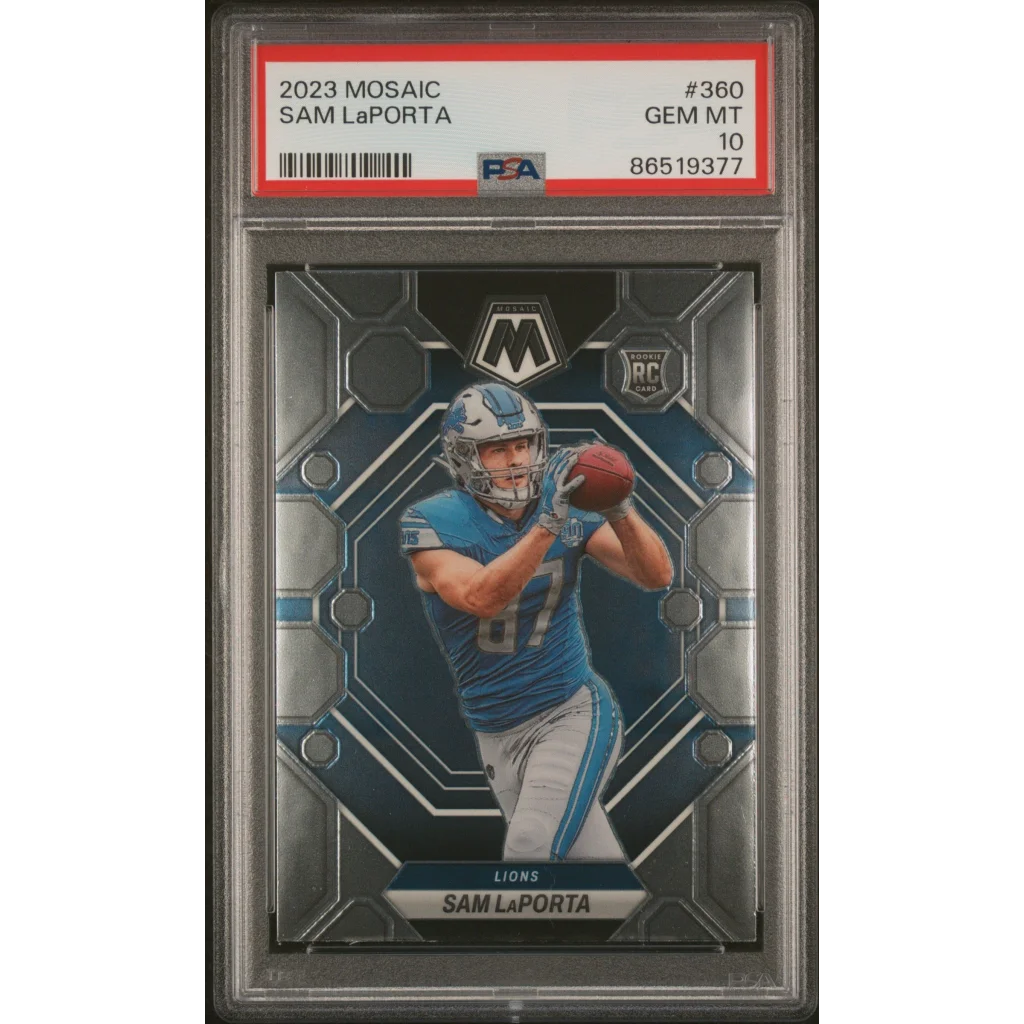 Graded 2023 Mosaic Sam LaPorta Rookie Football Card in PSA case