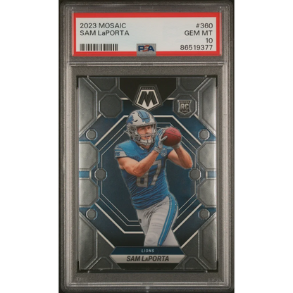 Graded 2023 Mosaic Sam LaPorta Rookie Football Card in PSA case
