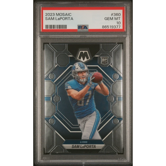 Graded 2023 Mosaic Sam LaPorta Rookie Football Card in PSA case