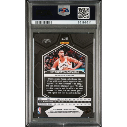 Graded 2023 Panini Mosaic Victor Wembanyama #282 Rookie RC PSA 10 Gem Mint card in black and silver design, encased in protective holder
