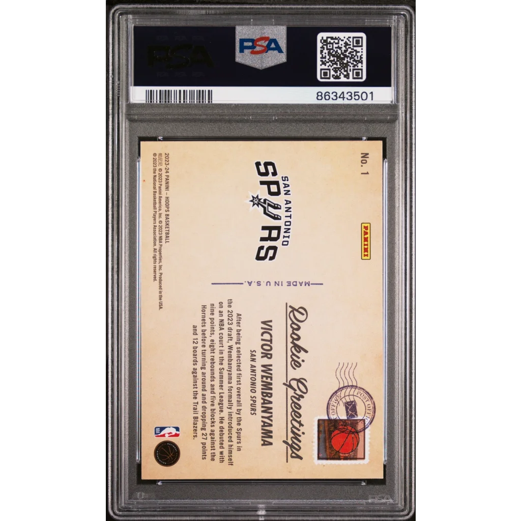 Graded 2023 Panini NBA Hoops Victor Wembanyama #1 Rookie Greetings Winter Rookie RC Basketball Card PSA 10 Gem Mint