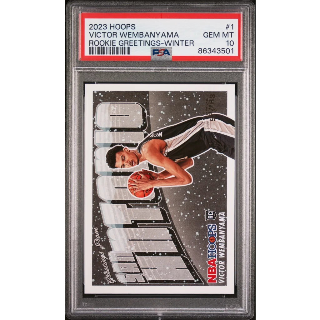 Graded 2023 Panini NBA Hoops Victor Wembanyama #1 Rookie Greetings Winter Rookie RC Basketball Card PSA 10 Gem Mint