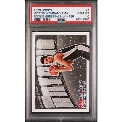 Graded 2023 Panini NBA Hoops Victor Wembanyama #1 Rookie Greetings Winter Rookie RC Basketball Card PSA 10 Gem Mint