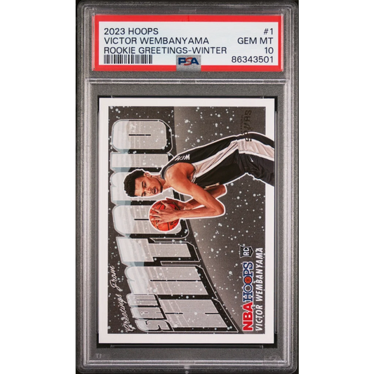 Graded 2023 Panini NBA Hoops Victor Wembanyama #1 Rookie Greetings Winter Rookie RC Basketball Card PSA 10 Gem Mint