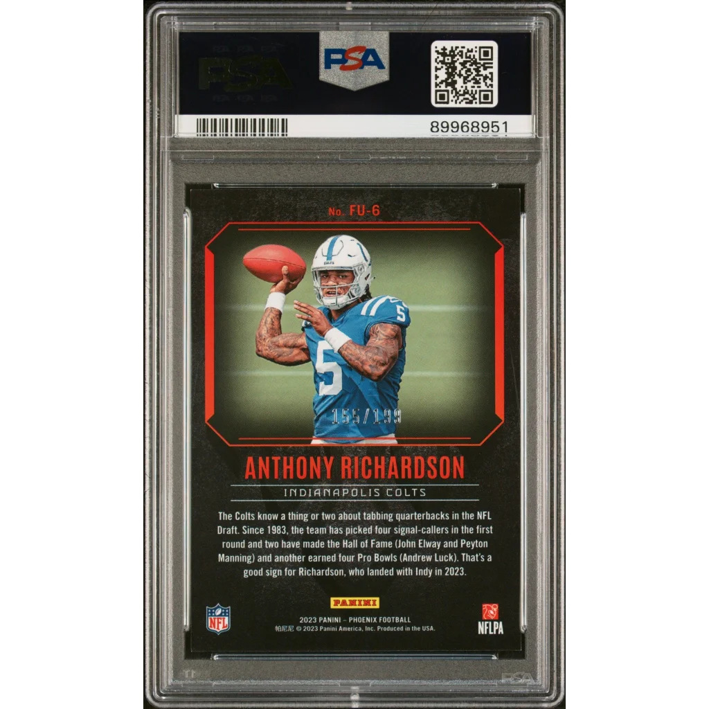 Graded 2023 Panini Phoenix Anthony Richardson #FU6 Fired Up Red /199 Rookie RC Football Card PSA 10 Gem Mint | PSA 10 Gem Mint Graded Rookie Card | vintageantiquesgifts.com