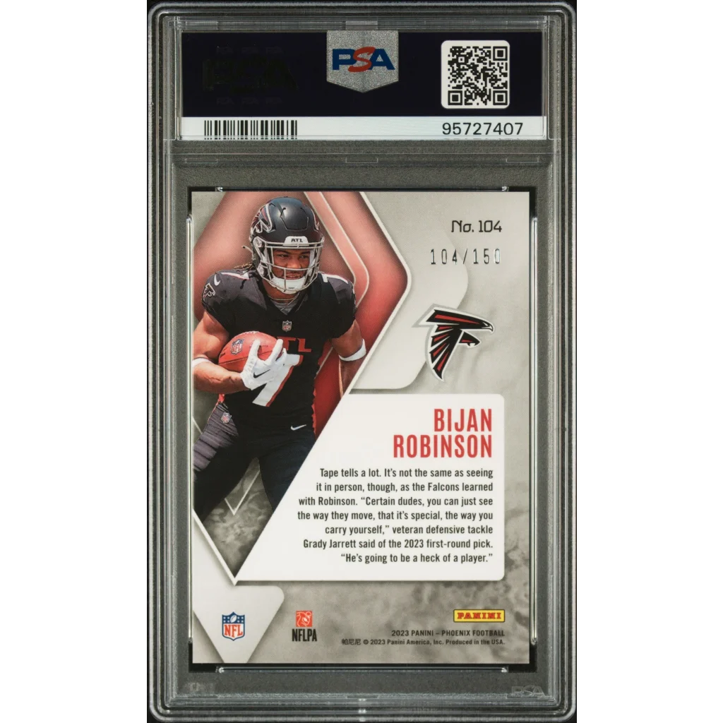 Graded 2023 Panini Phoenix Bijan Robinson #104 Teal /150 Rookie RC Football Card PSA 10 Gem Mint | PSA 10 Gem Mint Graded Rookie Card | vintageantiquesgifts.com