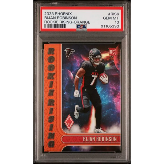 Graded 2023 Panini Phoenix Bijan Robinson #RIS6 Rookie Rising Orange /99 Rookie RC Football Card PSA 10 Gem Mint | Hall of Fame Sports Memorabilia | vintageantiquesgifts.com