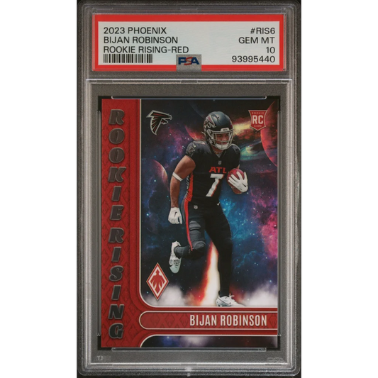 A graded 2023 Phoenix Bijan Robinson Rookie Rising Red football card in PSA case