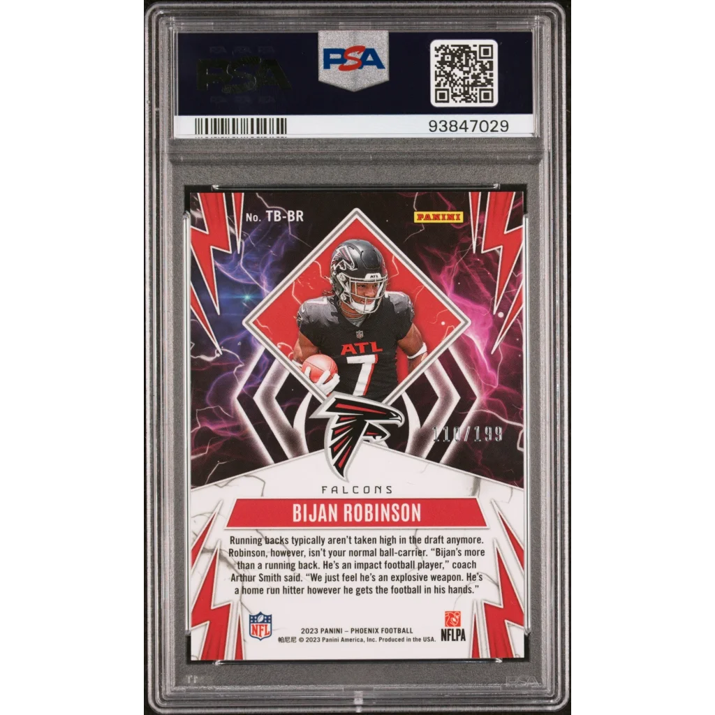 Graded 2023 Panini Phoenix Bijan Robinson #TBBR1 Thunderbirds Red #/199 Rookie RC Football Card PSA 10 Gem Mint | PSA 10 Gem Mint Graded Rookie Card | vintageantiquesgifts.com