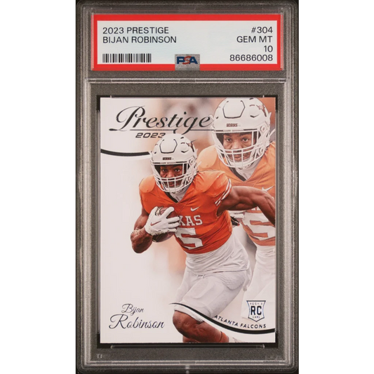 PSA graded 2023 Prestige Bijan Robinson football rookie card on display