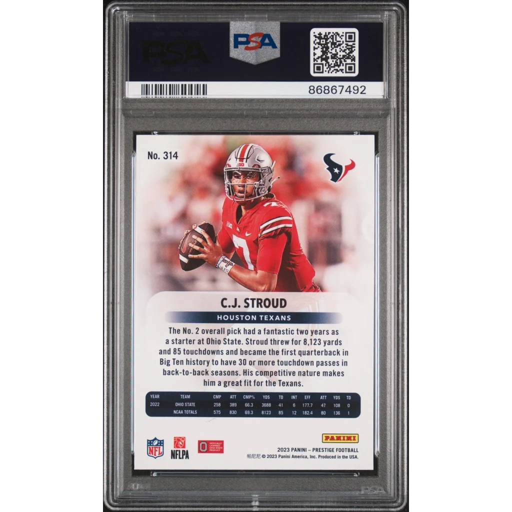 Graded C J Stroud Houston Texans football card in perfect condition from Panini Prestige Diamond Xtra Points