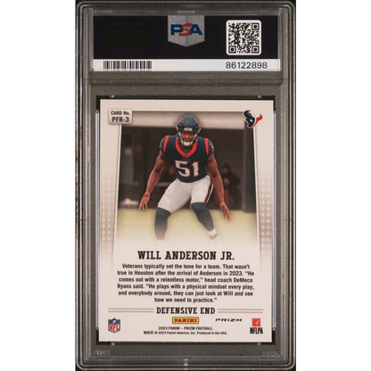 A graded Will Anderson Jr 2023 Prizm Flashback Rookie Card football card in PSA case
