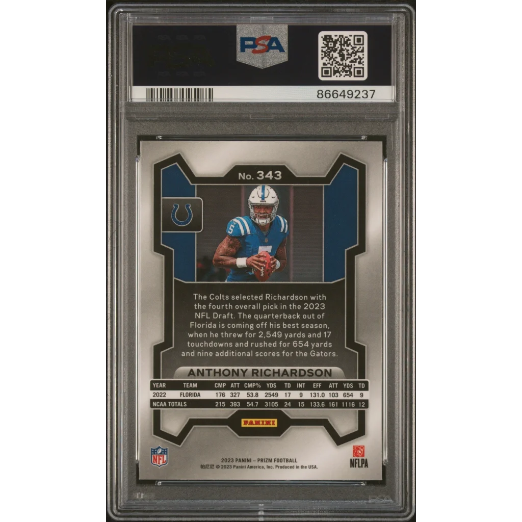Graded 2023 Panini Prizm Anthony Richardson #343 Rookie RC Football Card PSA 10 Gem Mint | PSA 10 Gem Mint Graded Rookie Card | vintageantiquesgifts.com