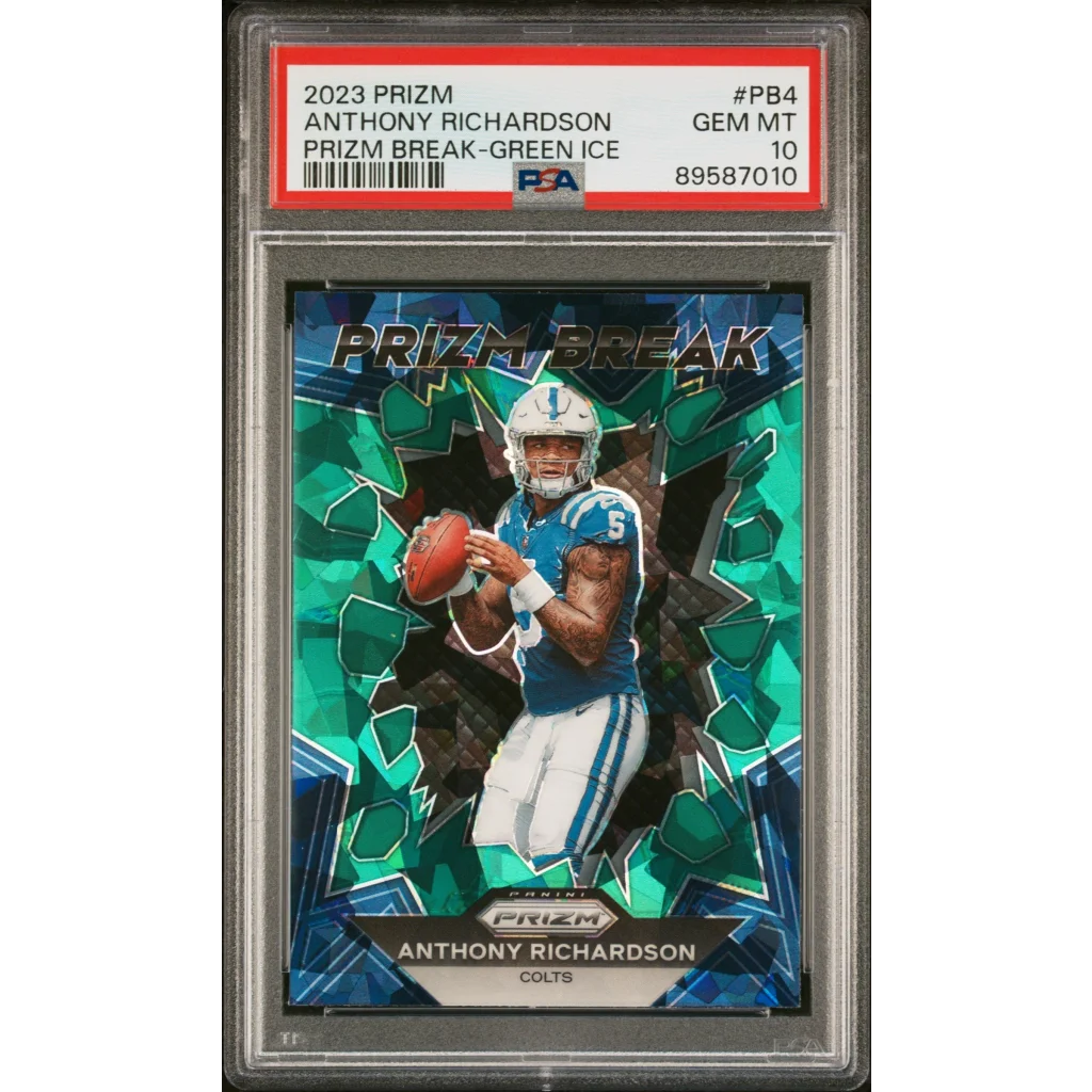 Graded 2023 Panini Prizm Anthony Richardson #PB4 Prizm Break Green Ice Rookie RC Football Card PSA 10 Gem Mint | Hall of Fame Sports Memorabilia | vintageantiquesgifts.com