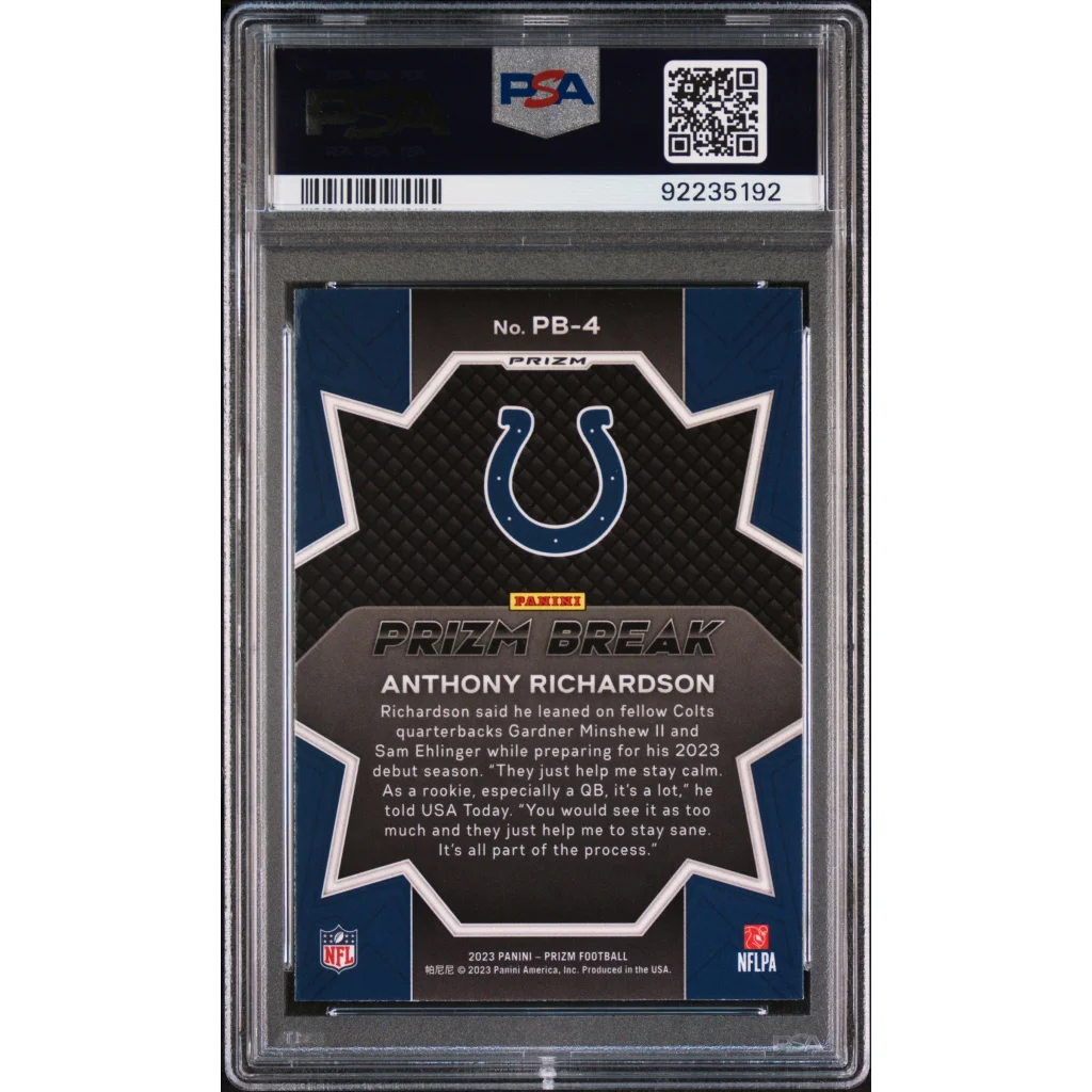 Graded 2023 Panini Prizm Anthony Richardson #PB4 Prizm Break Green Rookie RC Football Card PSA 10 Gem Mint | PSA 10 Gem Mint Graded Rookie Card | vintageantiquesgifts.com