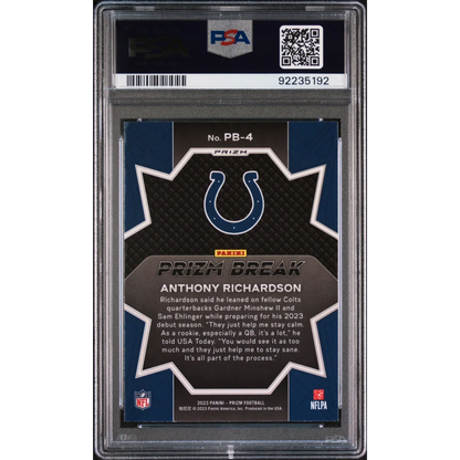 Graded 2023 Panini Prizm Anthony Richardson #PB4 Prizm Break Green Rookie RC Football Card PSA 10 Gem Mint | PSA 10 Gem Mint Graded Rookie Card | vintageantiquesgifts.com