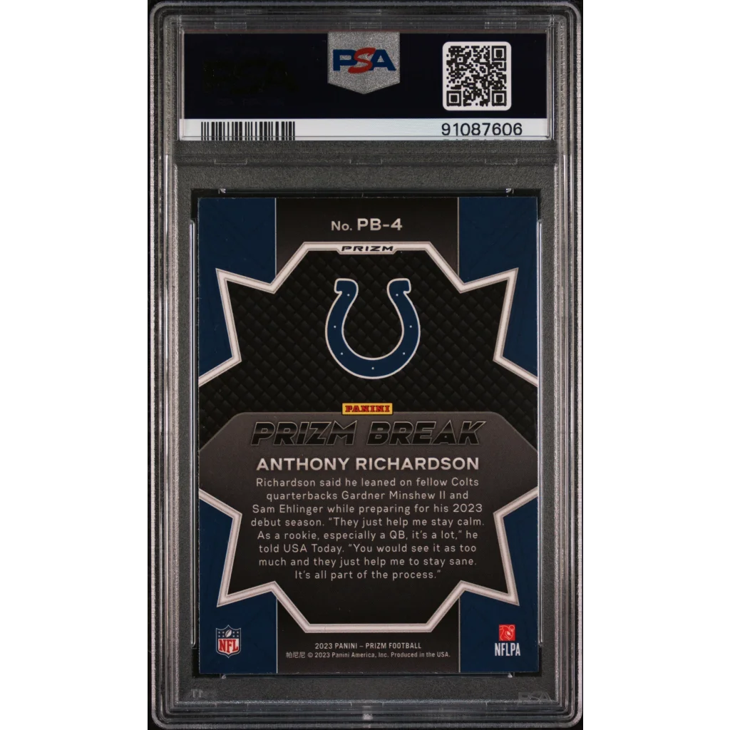 Graded 2023 Panini Prizm Anthony Richardson #PB4 Prizm Break Green Wave Rookie RC Football Card PSA 10 Gem Mint | PSA 10 Gem Mint Graded Rookie Card | vintageantiquesgifts.com