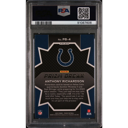 Graded 2023 Panini Prizm Anthony Richardson #PB4 Prizm Break Green Wave Rookie RC Football Card PSA 10 Gem Mint | PSA 10 Gem Mint Graded Rookie Card | vintageantiquesgifts.com