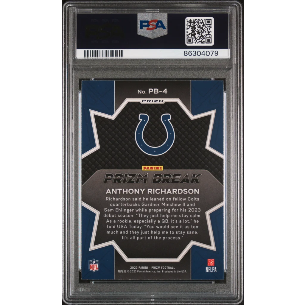 Graded 2023 Panini Prizm Anthony Richardson #PB4 Prizm Break Silver Rookie RC Football Card PSA 10 Gem Mint | PSA 10 Gem Mint Graded Rookie Card | vintageantiquesgifts.com