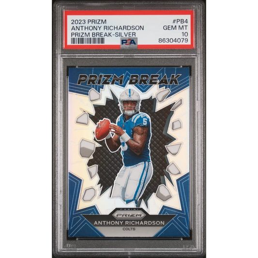 PSA Graded 2023 Anthony Richardson Prizm Silver Football Card with player in blue uniform holding football