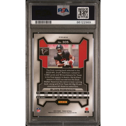 Graded Bijan Robinson Prizm football card by PSA, a professional sports authenticator