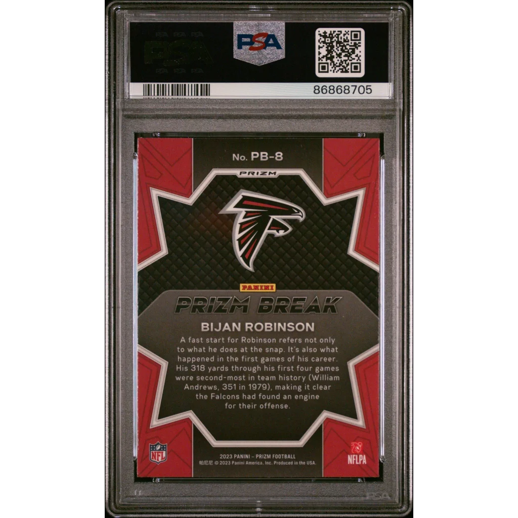 Graded 2023 Panini Prizm Bijan Robinson #PB8 Prizm Break Green Rookie RC Football Card PSA 10 Gem Mint | PSA 10 Gem Mint Graded Rookie Card | vintageantiquesgifts.com