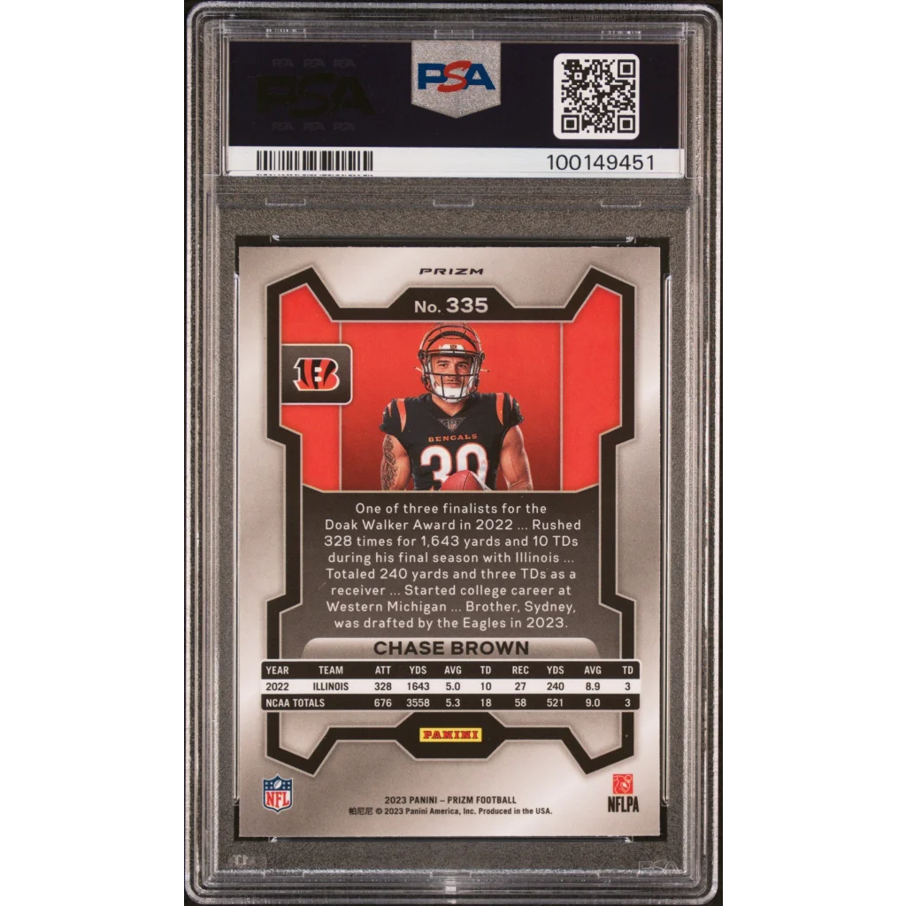 Graded 2023 Panini Prizm Chase Brown #335 Variation Rookie RC Football Card PSA 10 Gem Mint | PSA 10 Gem Mint Graded Rookie Card | vintageantiquesgifts.com