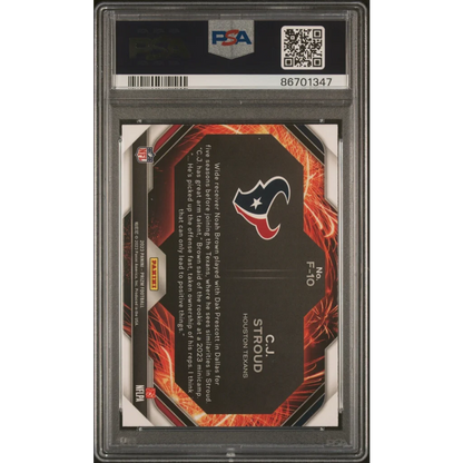 PSA 10 graded 2023 Panini Prizm CJ Stroud Fireworks rookie card in black red flame design sleeve