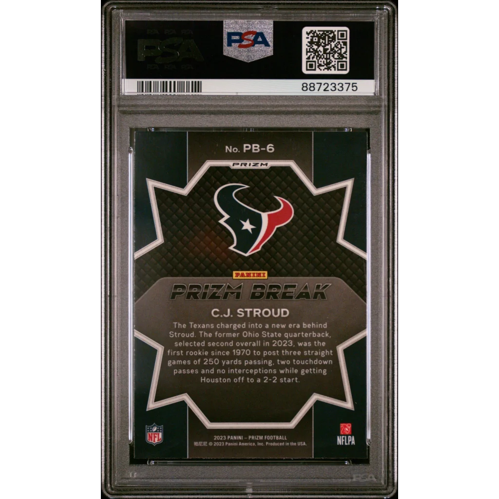 Graded C.J. Stroud Houston Texans Prizm Green Wave Rookie Card with PSA label
