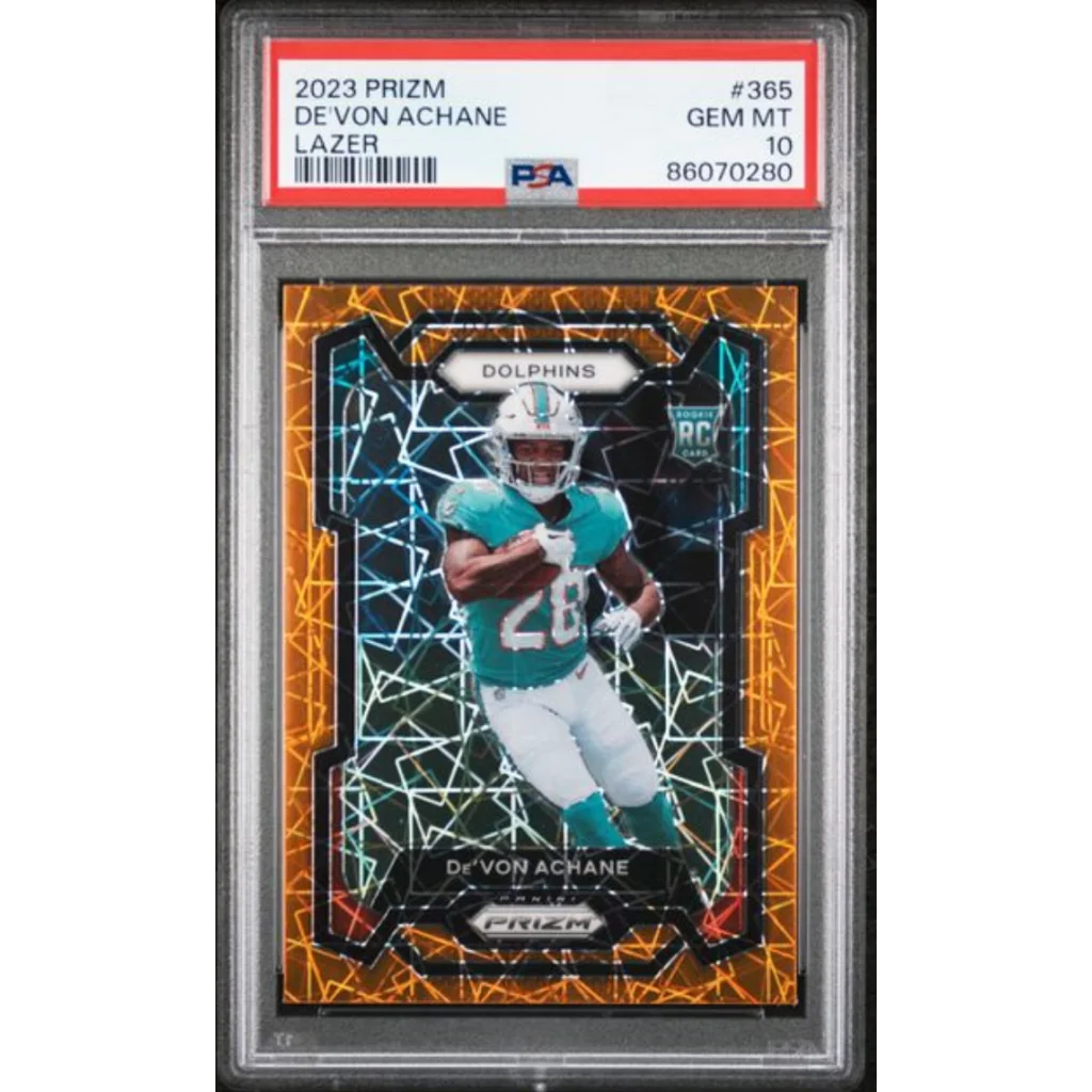 Graded 2023 Panini Prizm Devon Achane #365 Lazer Rookie RC Football Card PSA 10 Gem Mint | Hall of Fame Sports Memorabilia | vintageantiquesgifts.com