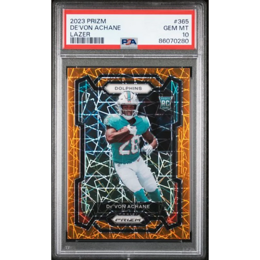 Graded 2023 Panini Prizm Devon Achane #365 Lazer Rookie RC Football Card PSA 10 Gem Mint | Hall of Fame Sports Memorabilia | vintageantiquesgifts.com