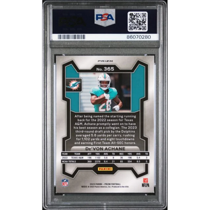 Graded 2023 Panini Prizm Devon Achane #365 Lazer Rookie RC Football Card PSA 10 Gem Mint | PSA 10 Gem Mint Graded Rookie Card | vintageantiquesgifts.com
