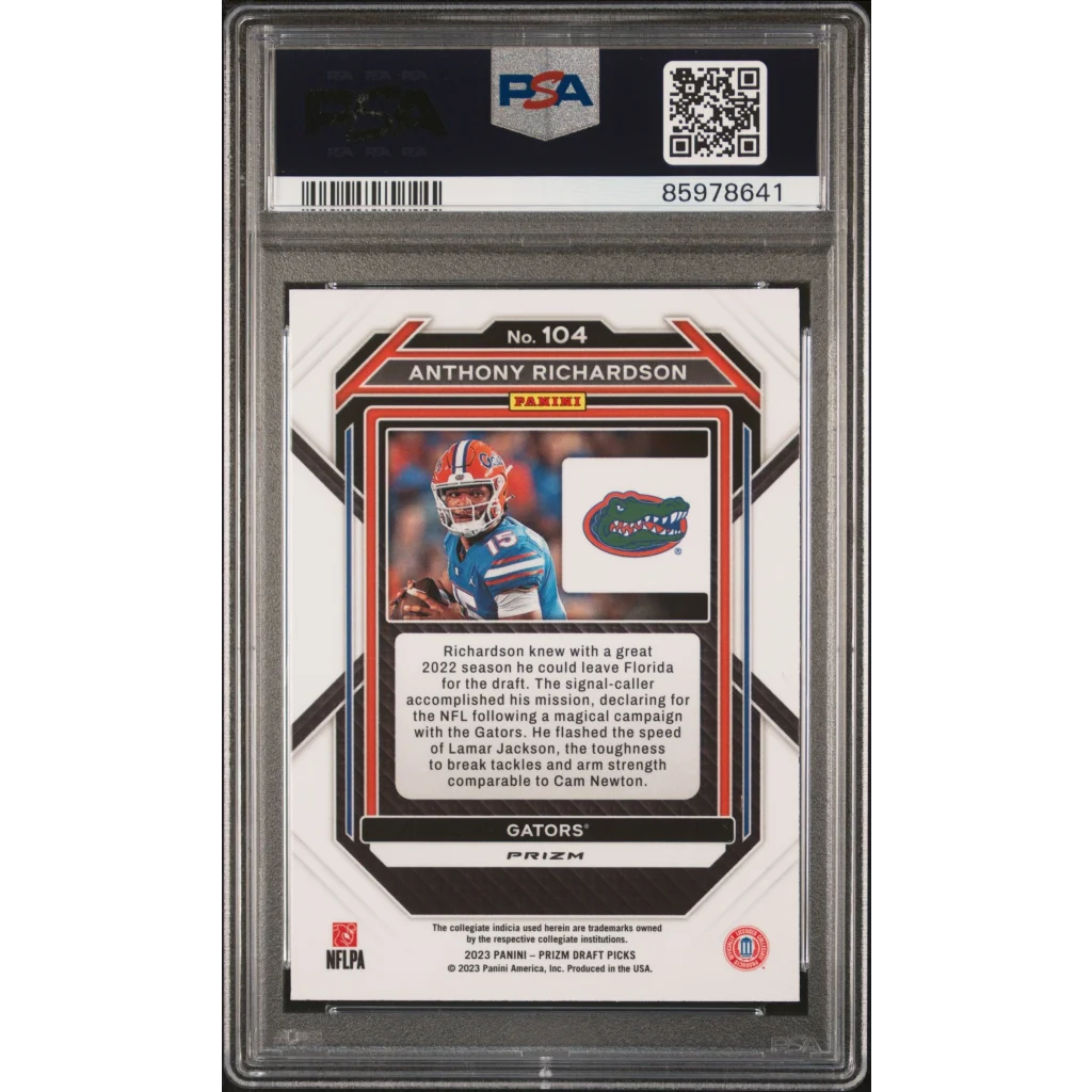 PSA Graded Anthony Richardson Red Ice Prizm Draft Picks football card on display