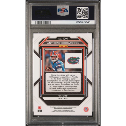 PSA Graded Anthony Richardson Red Ice Prizm Draft Picks football card on display
