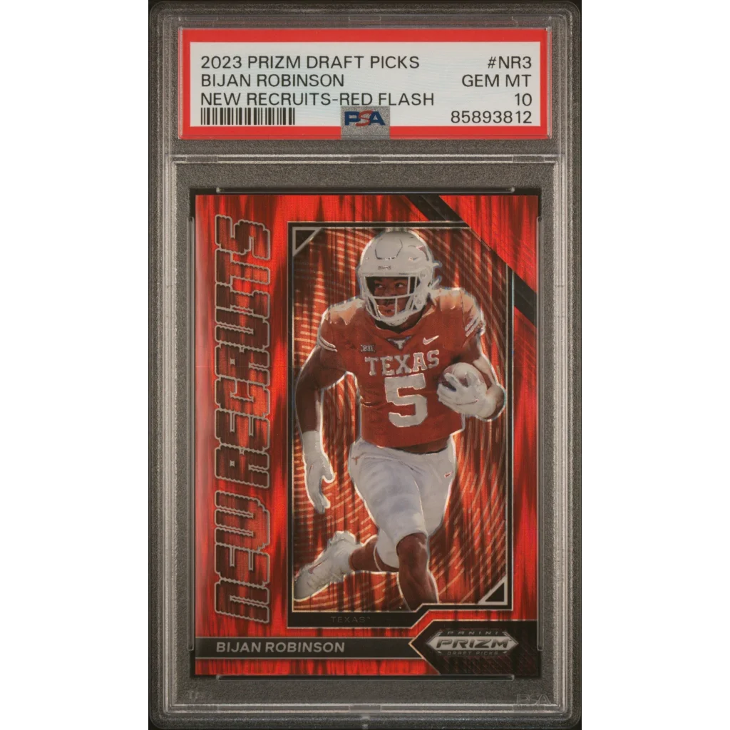 Graded 2023 Panini Prizm Draft Picks Bijan Robinson #NR3 New Recruits Red Flash Rookie RC Football Card PSA 10 Gem Mint | Hall of Fame Sports Memorabilia | vintageantiquesgifts.com