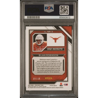 Graded 2023 Panini Prizm Draft Picks Bijan Robinson #NR3 New Recruits Red Flash Rookie RC Football Card PSA 10 Gem Mint | PSA 10 Gem Mint Graded Rookie Card | vintageantiquesgifts.com