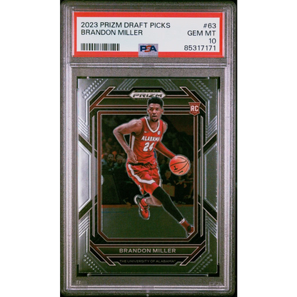PSA 10 graded 2023 Brandon Miller Prizm Draft Picks Rookie Card on display