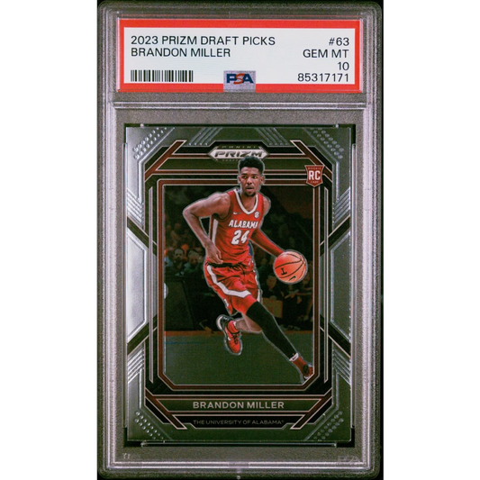 PSA 10 graded 2023 Brandon Miller Prizm Draft Picks Rookie Card on display