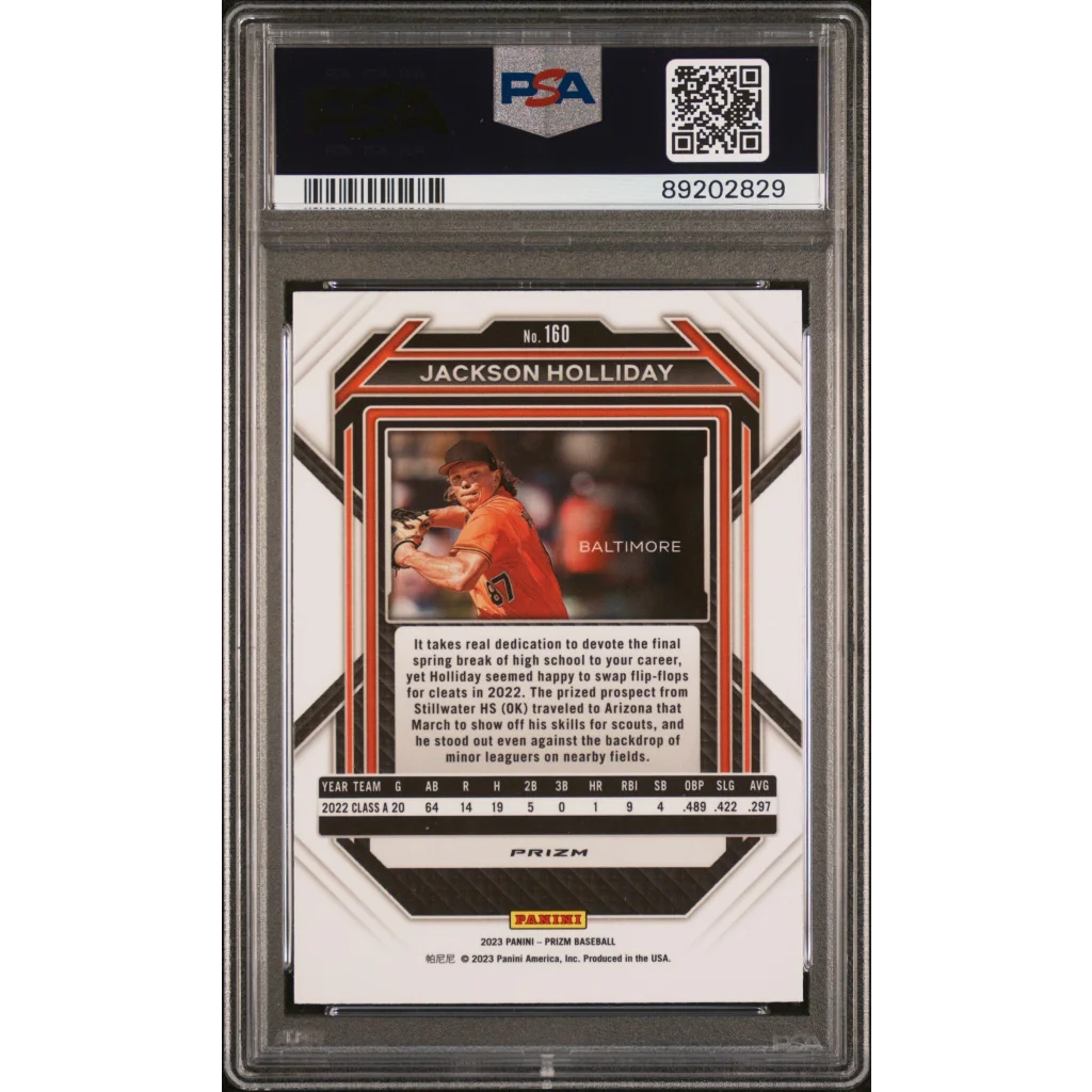 Graded PSA 10 2023 Panini Prizm Jackson Holliday #160 Blue Ice Rookie RC