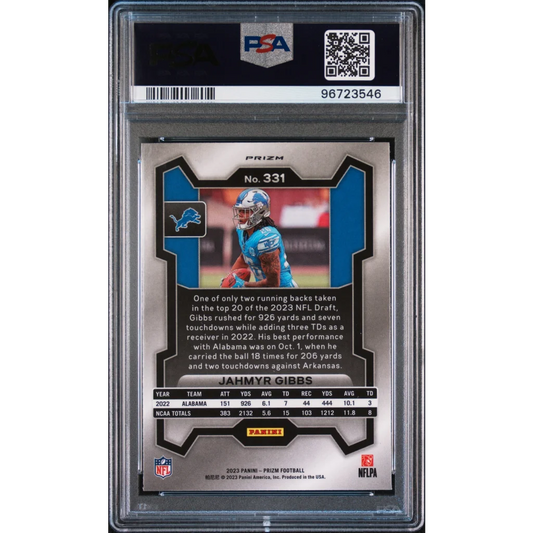 Graded PSA 10 2023 Panini Prizm Jahmyr Gibbs Green Rookie RC Card