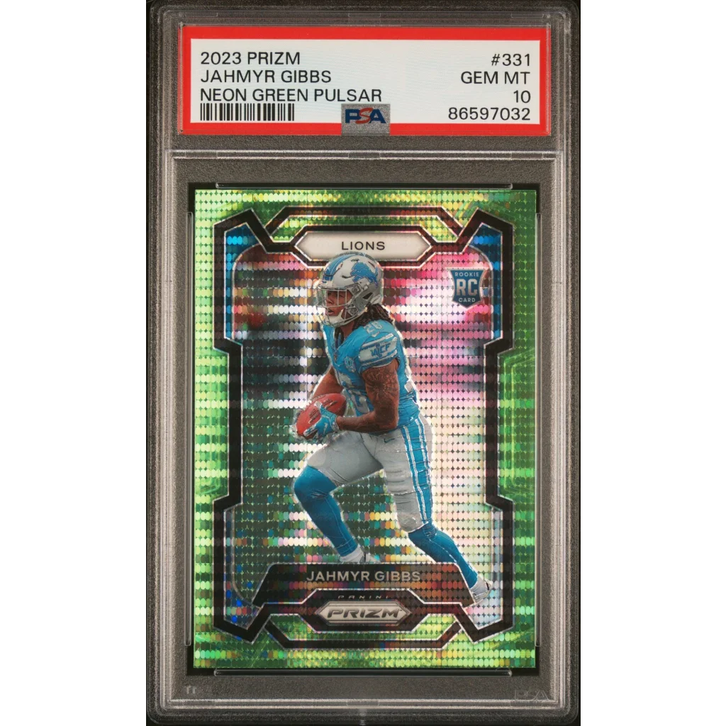 Graded PSA 10 2023 Panini Prizm Neon Green Pulsar Jahmyr Gibbs Lions Rookie Card