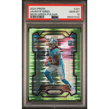 Graded PSA 10 2023 Panini Prizm Neon Green Pulsar Jahmyr Gibbs Lions Rookie Card