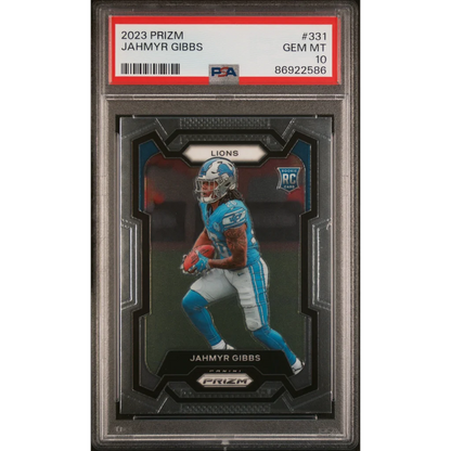 PSA Graded Jahmyr Gibbs 2023 Prizm Rookie Card Detroit Lions with player in light blue jersey