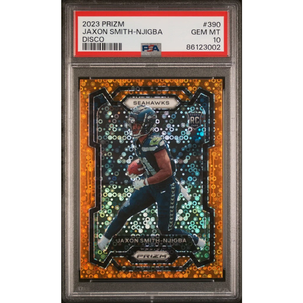 Encased 2023 Prizm Jaxon Smith-Njigba Disco Rookie Card graded GEM MT 10